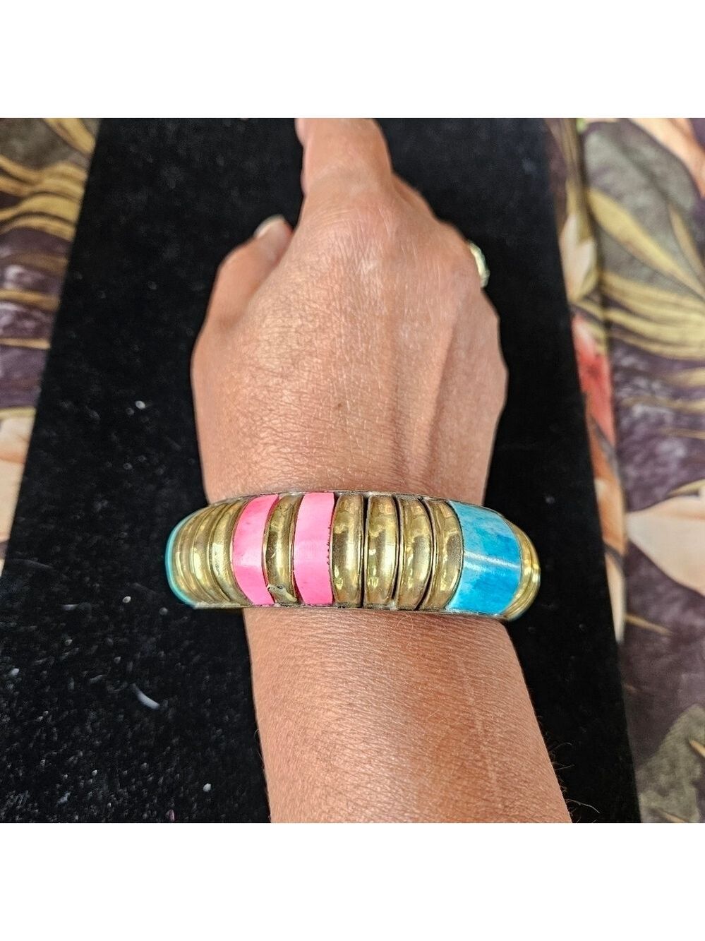 Vintage Boho Brass with Blue and Pink Enamel Panels